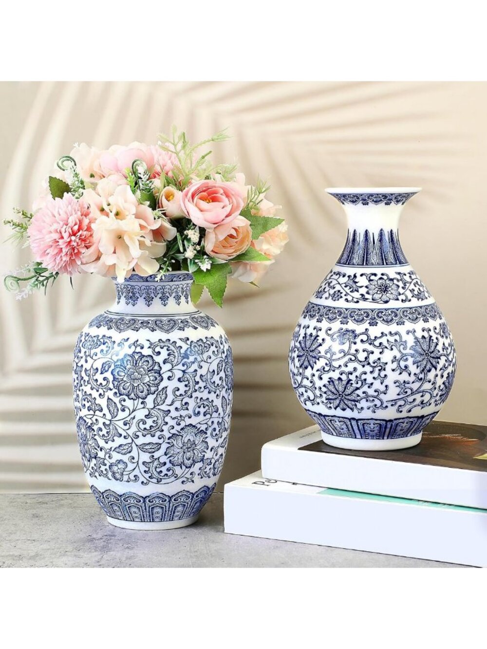 Chinoiserie Ceramic Vases - 9" Blue & White Decorative Home Accents (2 Pack)